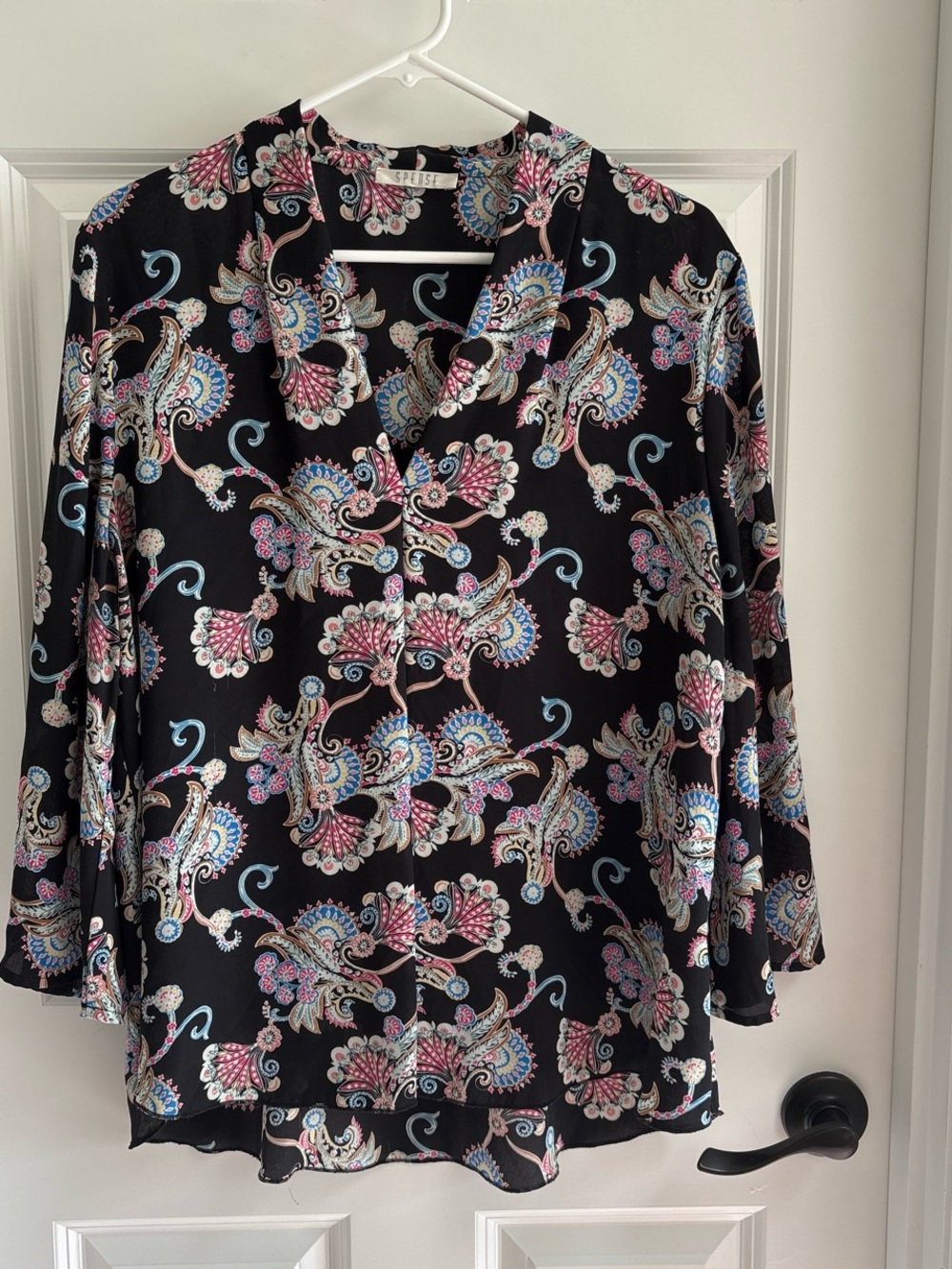 Spense Black Paisley Floral Blouse with Pink & Blue Accents
